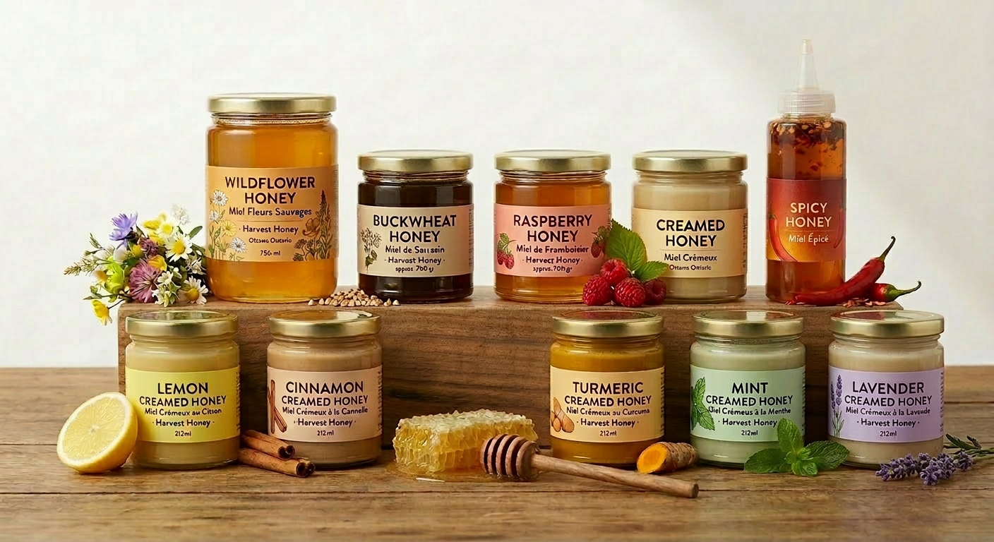 Golden honey dripping from a wooden honey dipper