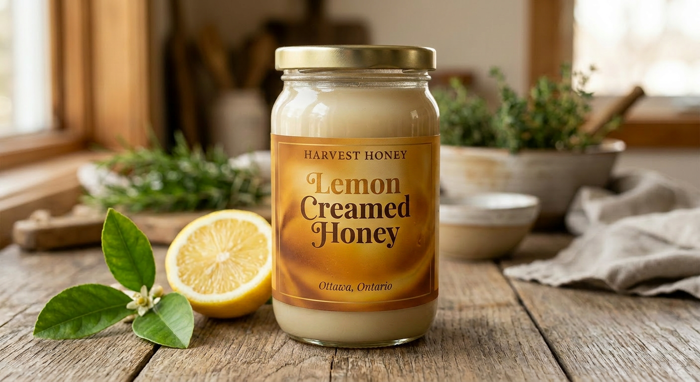 Lemon creamed honey jar with fresh lemon